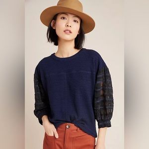 Current Air textured pullover Sz M Anthropologies Navy w/ striped sheer sleeves